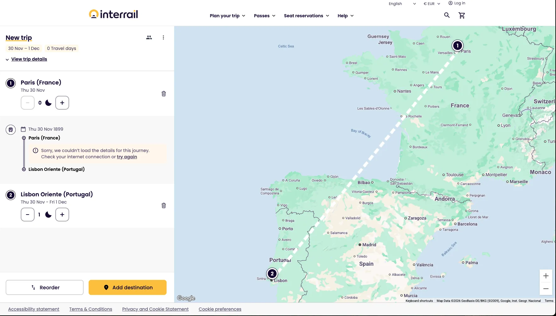 Trip planner for European rail travel